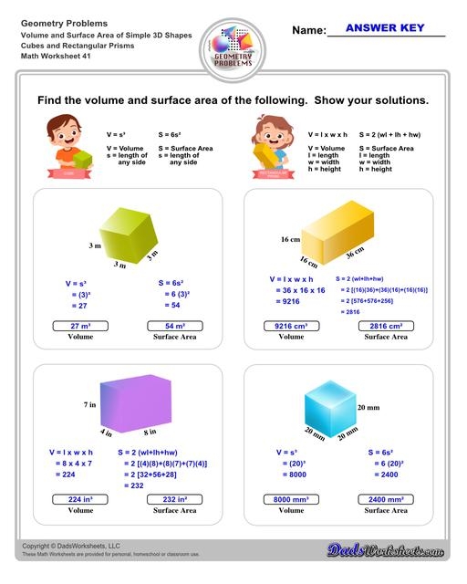 Sixth grade geometry worksheet displaying math problems for calculating the surface area of rectangular and triangular prisms