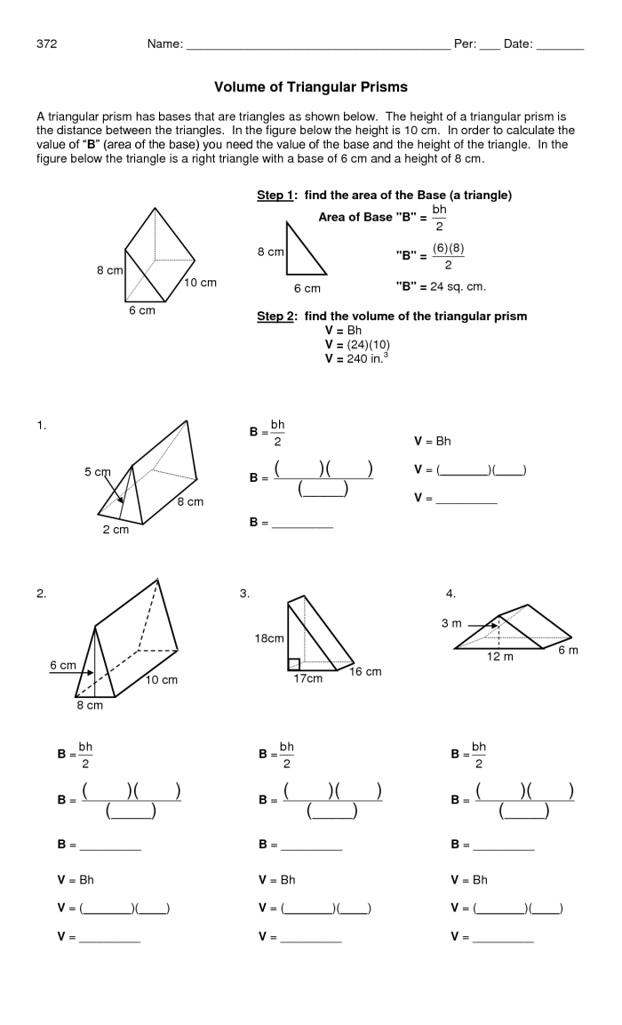 Worksheet for calculating the surface area of rectangular and triangular prisms for sixth graders
