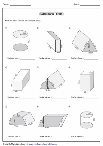Worksheet illustrating surface area calculations for rectangular and triangular prisms