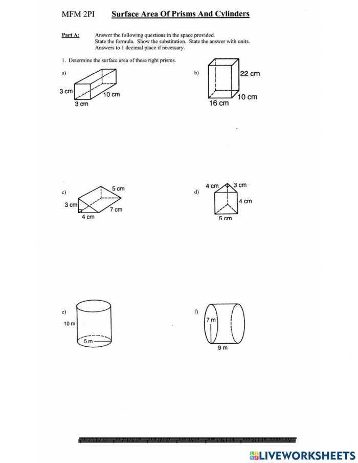 Students calculating surface areas of rectangular and triangular prisms in a geometry worksheet
