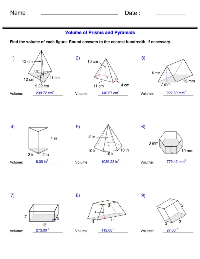 Sixth grade math students calculating the surface area of various prisms and pyramids on a two-page printable worksheet
