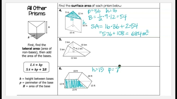 Sixth grade math worksheet focused on calculating the surface area of rectangular and triangular prisms