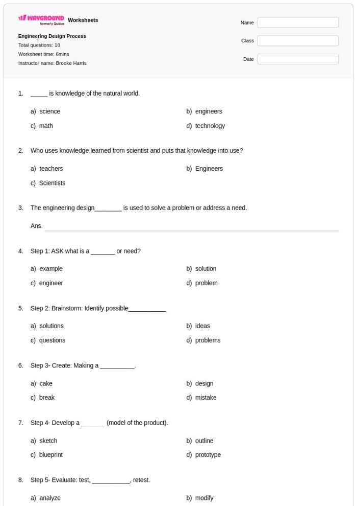 Engineering Design Process Worksheet Image 6 Define the Problem Step for Middle School Math Sixth grade students completing the Engineering Design Process Part 1 Define the Problem worksheet with graphic organizer sections