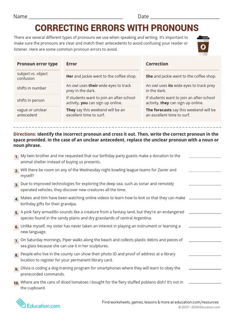 Correcting Errors With Pronouns Practice Worksheet for Grade 6 Sixth grade students practicing pronoun error identification and correction on a grammar worksheet