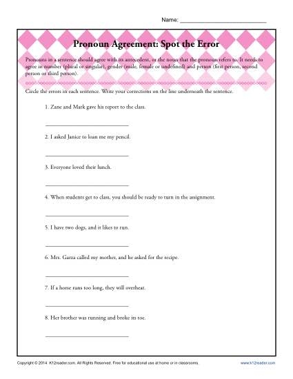 Correcting Pronoun Mistakes in Sentences Worksheet Page 7 Sixth grade grammar worksheet showing sentences with pronoun errors highlighted for correction practice