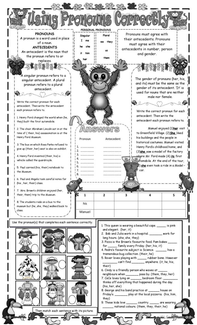 Practice worksheet for correcting pronouns in sentences with answer spaces for grade 6 students Sixth grade grammar worksheet showing sentences with pronoun errors for students to identify and correct