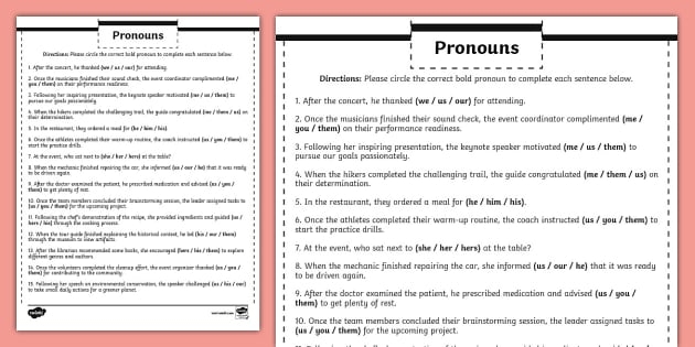 Phonics worksheet for Sixth Grade Advanced Pronoun Review worksheet for sixth-grade grammar practice focusing on various pronoun types. Comprehensive resource for mastering pronoun-antecedent agreement and reflexive pronouns.