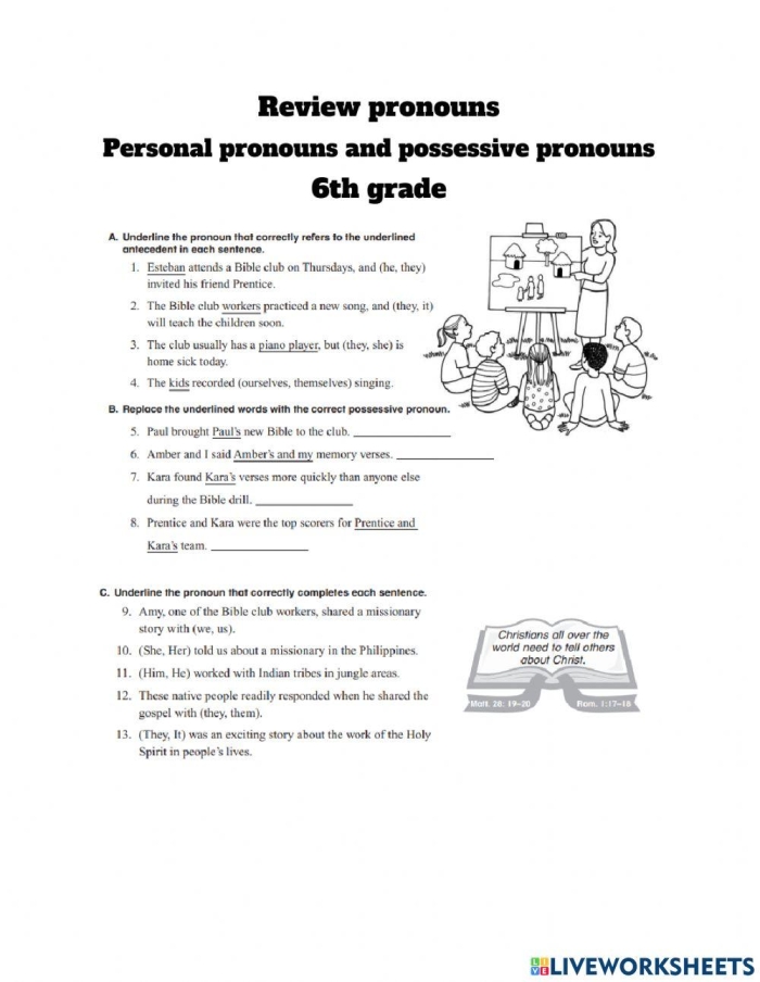 Grammar worksheet image for mastering advanced pronoun concepts like reflexive and intensive pronouns Advanced Pronoun Review worksheet for sixth graders focusing on pronoun skills