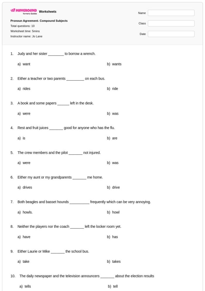 Pronouns in Compound Subjects and Objects: I vs. Me worksheet image 6 Worksheet for practicing I vs. me in compound subjects and objects for sixth graders
