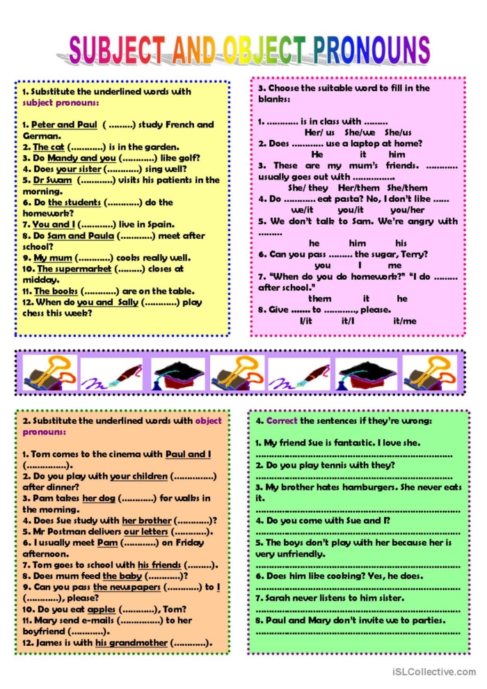 Pronouns in Compound Subjects and Objects: I vs. Me - Worksheet Image 18 Worksheet for practicing pronouns I and me in compound subjects and objects for sixth graders