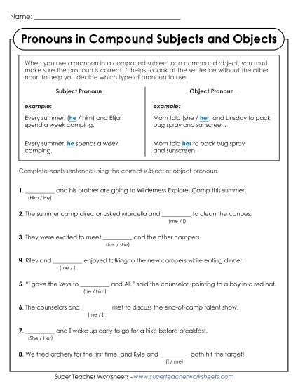 Pronouns in Compound Subjects and Objects: I vs. Me worksheet for Spanish learners Worksheet focusing on the use of I and me in compound subjects and objects for sixth graders