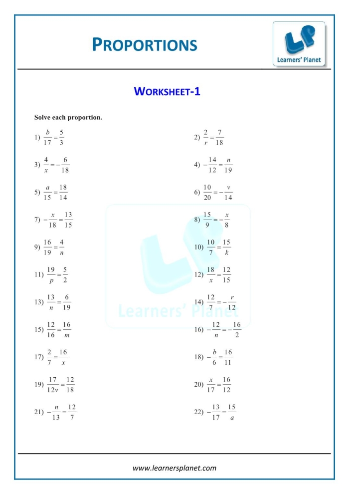 Sixth grade math worksheet showing ratio and proportion problems with example equations and practice exercises