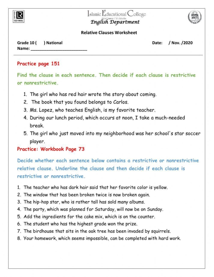 Punctuation practice worksheet for understanding sentence structure and clarity Worksheet for sixth graders focusing on restrictive and nonrestrictive elements in grammar