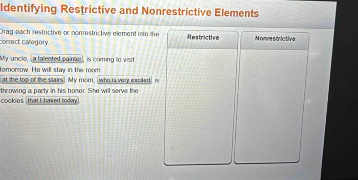 What Does the Punctuation Suggest? Worksheet on Restrictive and Nonrestrictive Elements Worksheet for identifying restrictive and nonrestrictive elements in grammar for sixth graders