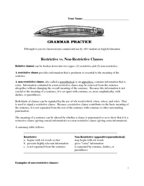 Punctuation practice worksheet for sixth grade students on restrictive vs nonrestrictive elements Worksheet on identifying restrictive and nonrestrictive elements in grammar for sixth graders