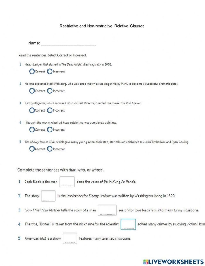 Practice sheet for sixth-grade students on punctuation usage. Worksheet for identifying restrictive and nonrestrictive elements in grammar.