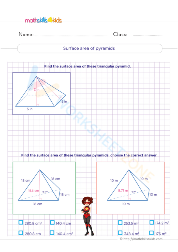 Sixth grade student completing a surface area of pyramids geometry worksheet