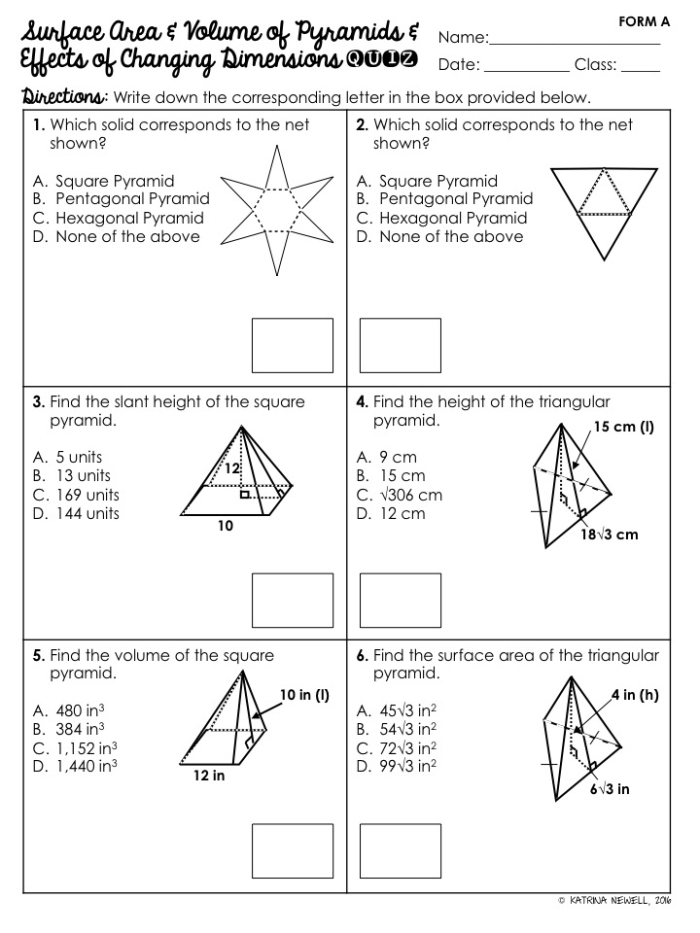 Sixth grade geometry worksheet featuring various square and triangular pyramids for surface area practice