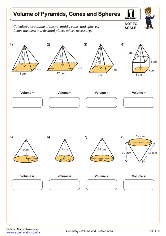 Sixth grade worksheet showing various square and triangular pyramids for practicing surface area calculations
