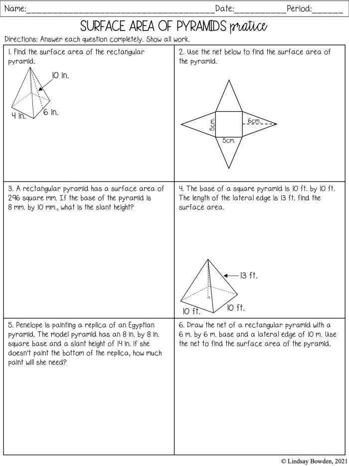 Sixth grade math worksheet showing diagrams of square and triangular pyramids to solve for surface area