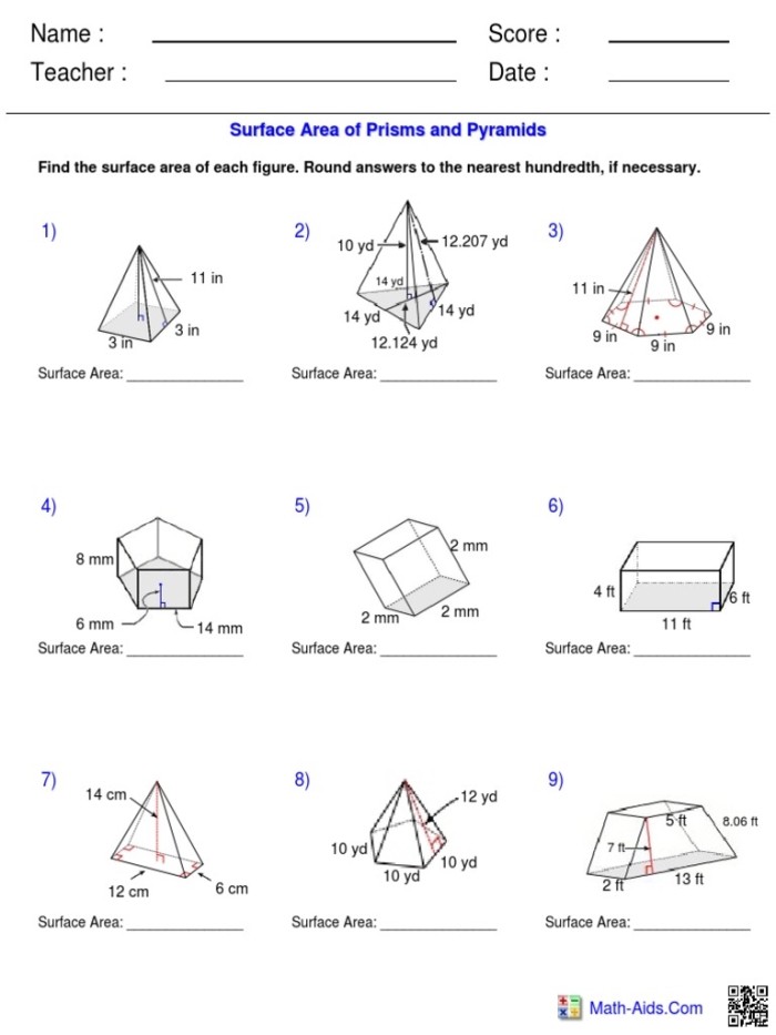 Students engaged in a worksheet on the surface area of pyramids, featuring square and triangular shapes. Educational activity for sixth and seventh graders focusing on geometry concepts.