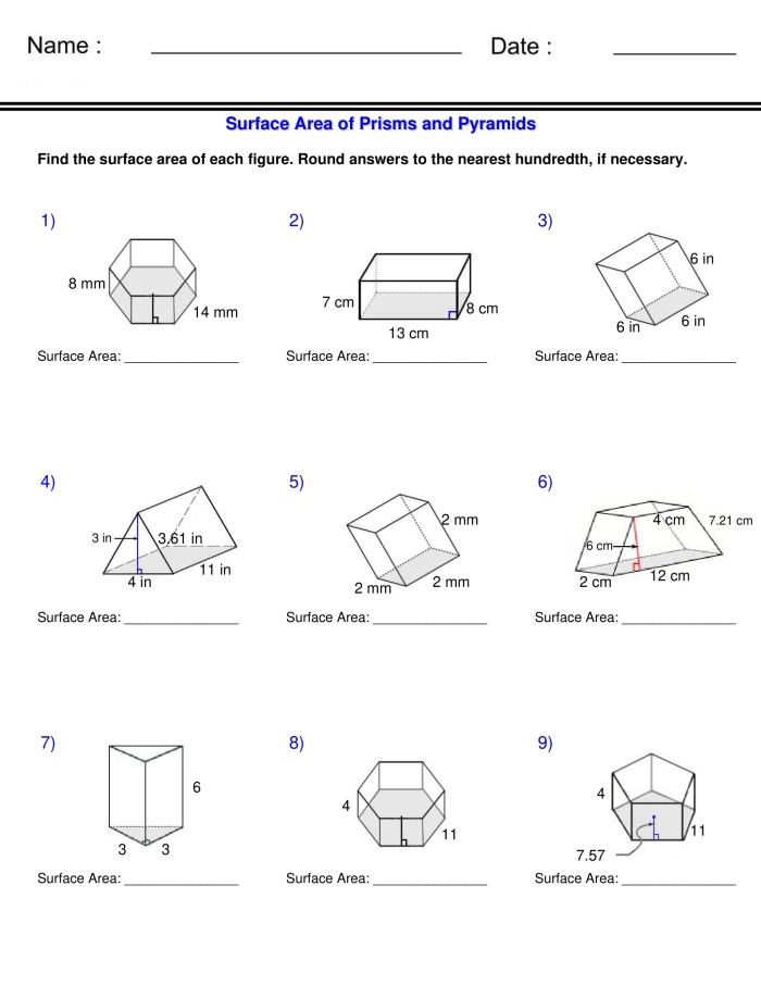 Worksheet for calculating the surface area of various pyramids for sixth-grade students