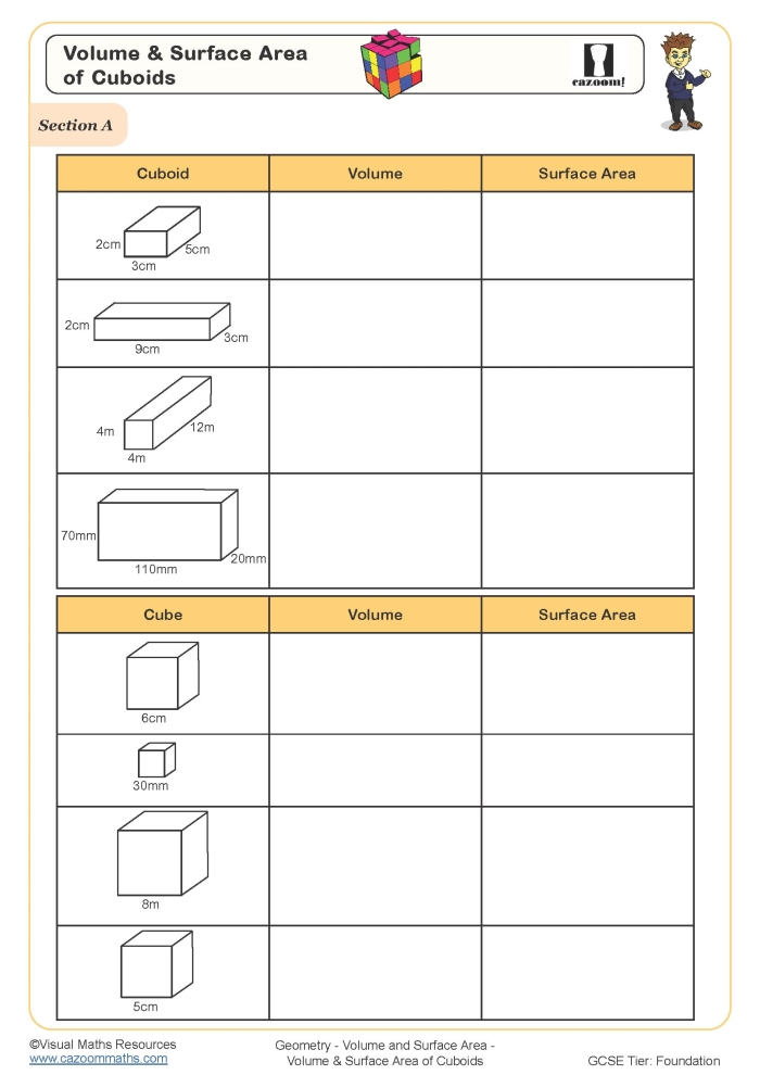 Worksheet illustrating the surface area calculations for various square and triangular pyramids