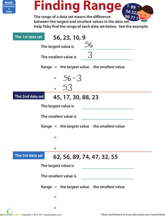 Finding the Range Math Worksheet for Middle School Students Sixth grade math worksheet showing data sets and range calculation problems with example problems and practice exercises
