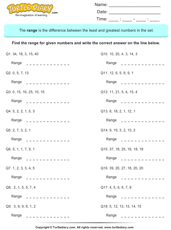 Finding the Range Worksheet 12 for Middle School Math Sixth grade math worksheet focused on calculating the range within various data sets