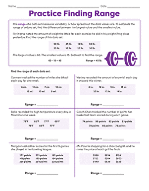 Finding Range Practice Exercise for Middle School Math Students Sixth grade student working through practice problems to find the range of data sets on a worksheet