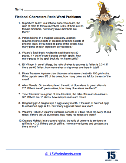 Worksheet featuring ratio word problems for sixth graders to practice real-world applications of ratios