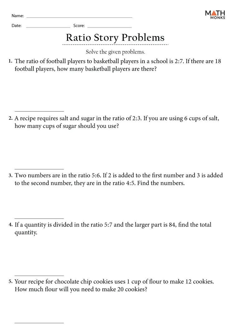 Ratio Word Problems worksheet for sixth graders focusing on practical applications of ratio reasoning