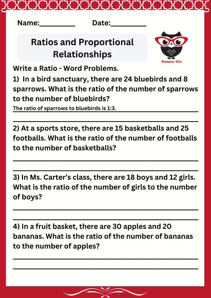Sixth grade student working on a ratio word problems worksheet with real-world scenarios