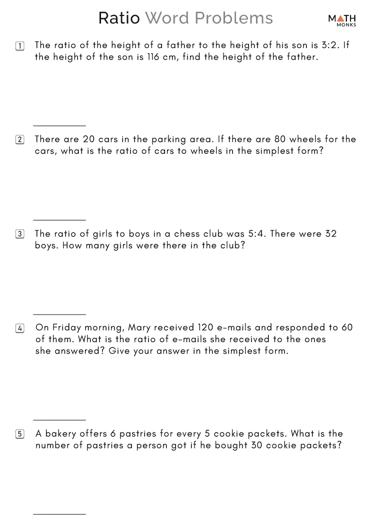 Worksheet featuring ratio word problems for sixth graders to solve in real-life scenarios