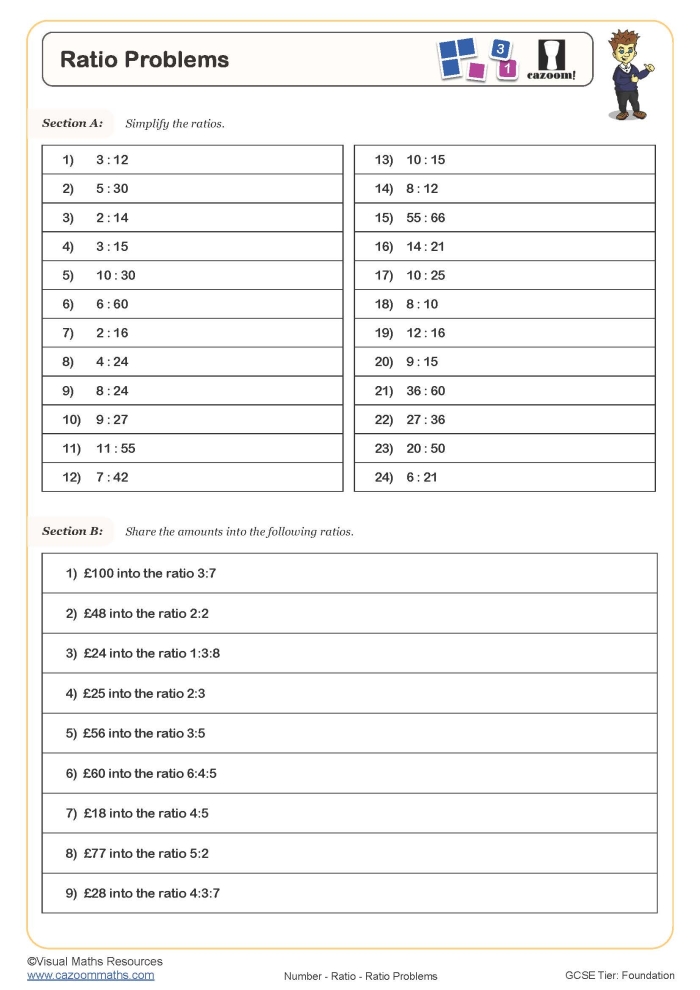 Sixth grade student solving ratio word problems on a printable math worksheet