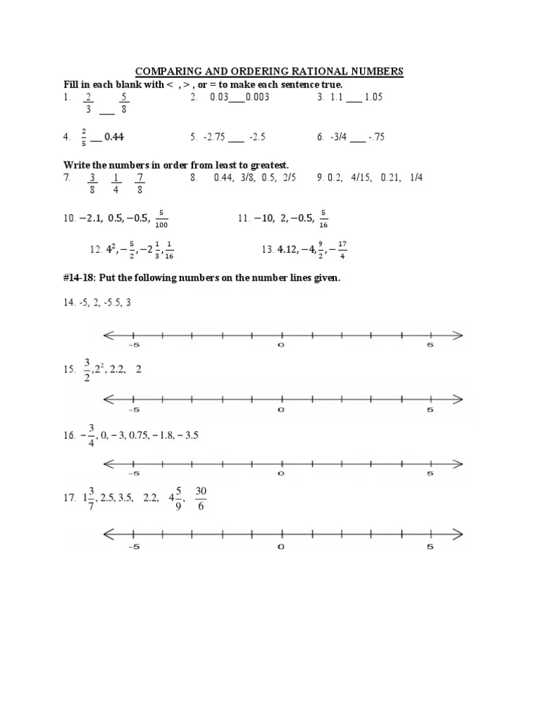 Geometry worksheet for Sixth Grade Worksheet for comparing and ordering rational numbers, including fractions, decimals, and mixed numbers. Comparing and Ordering Rational Numbers Part 1 Worksheet Image 13.