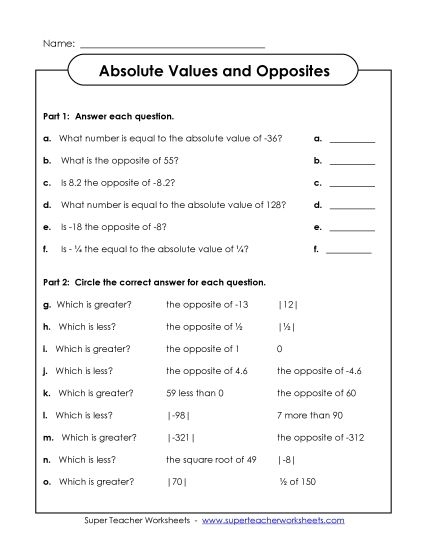 Sixth grade worksheet showing exercises on opposites and absolute values of rational numbers