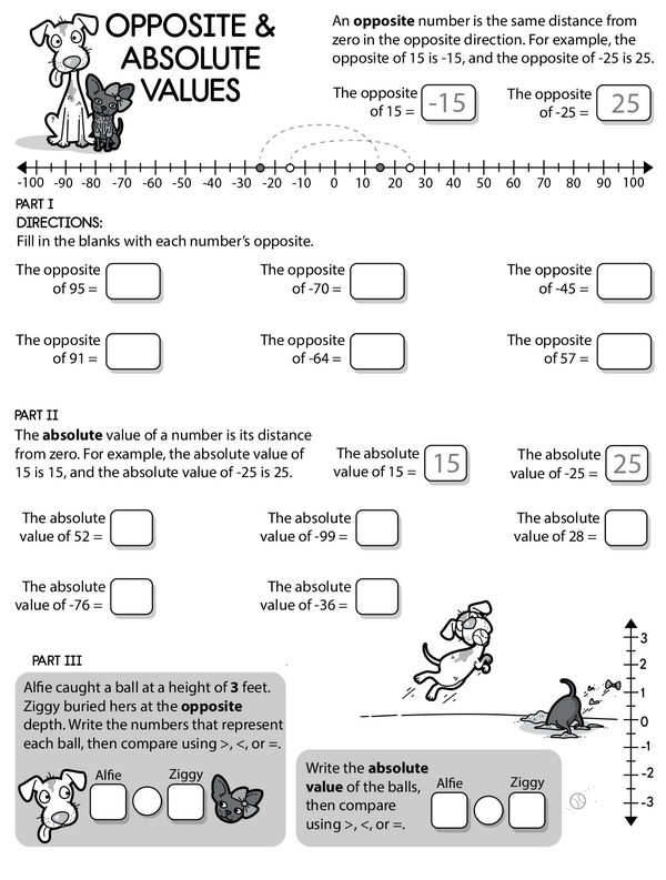 Sixth grade math worksheet showing problems about finding opposites and absolute values of rational numbers with comparison exercises