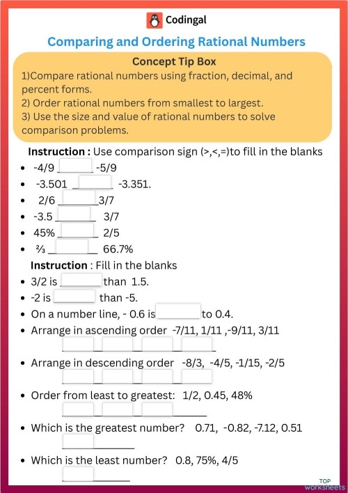 Comparing and Ordering Rational Numbers Part 1 Worksheet for Sixth Grade Worksheet for comparing and ordering rational numbers including fractions and decimals