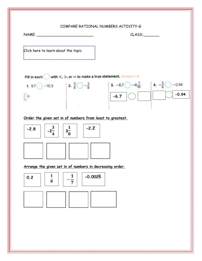 Comparing and Ordering Rational Numbers Part 1 Worksheet for Sixth Graders Worksheet for comparing and ordering rational numbers, including fractions and mixed numbers