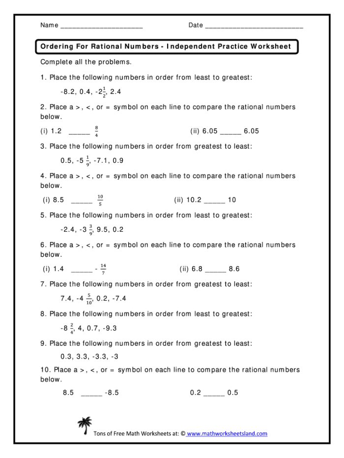 Comparing and Ordering Rational Numbers Part 1 - Worksheet Image 12 Worksheet for comparing and ordering rational numbers, including fractions and decimals