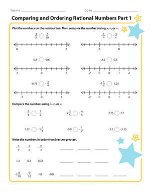 Geometry worksheet for Sixth Grade Worksheet for comparing and ordering rational numbers, including fractions, decimals, and mixed numbers. Comparing and Ordering Rational Numbers Part 1 worksheet for sixth grade students.