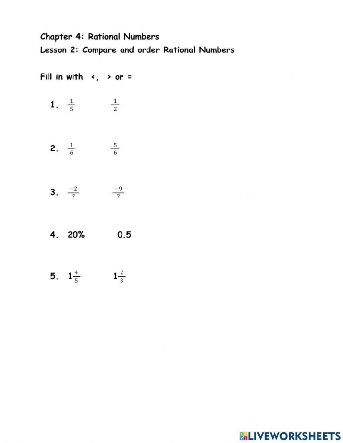 Comparing and Ordering Rational Numbers Part 1 - Worksheet for Sixth Grade Geometry Worksheet for comparing and ordering rational numbers including fractions, decimals, and mixed numbers
