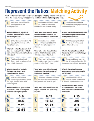 Hands-on card matching exercise for practicing writing ratios from word problems Matching activity worksheet for representing ratios in sixth-grade number theory