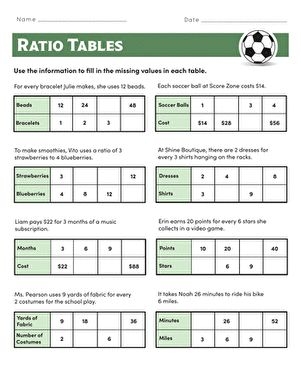 Sixth grade math worksheet showing examples of ratios in tables and graphs for practice