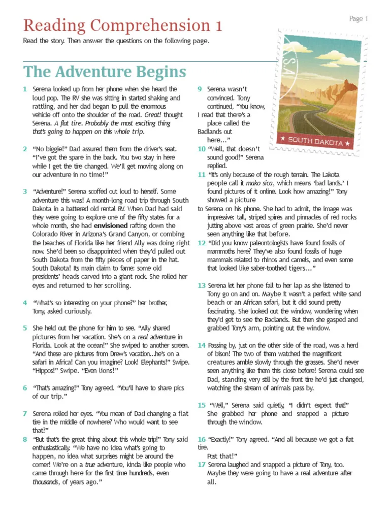 Reading worksheet for Sixth Grade A sixth-grade student engaging with the Reading Comprehension: The Adventure Begins worksheet. Worksheet featuring a captivating story and comprehension questions for young readers.