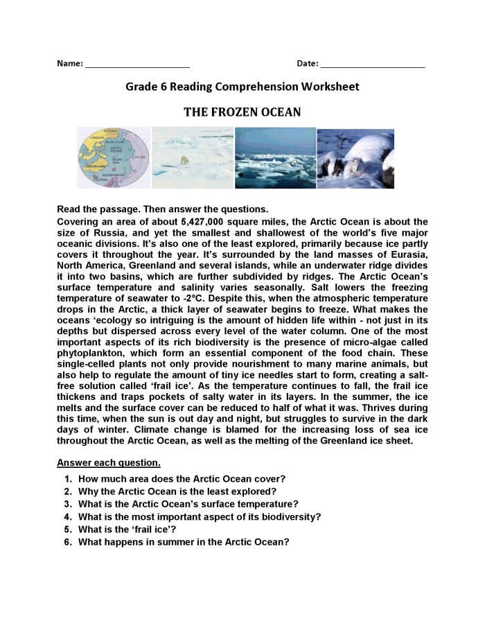 Worksheet image for Extended Reading Comprehension: The One, featuring a two-page story and comprehension questions for sixth graders.
