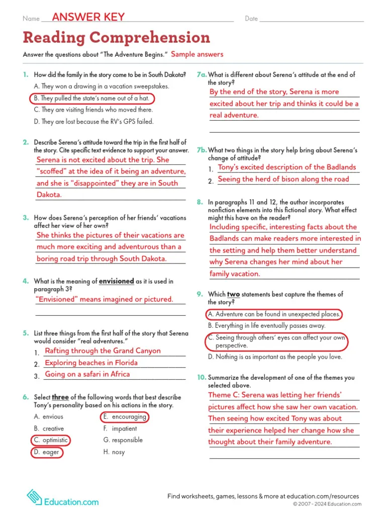Reading Comprehension Worksheet: The Adventure Begins for Sixth Graders A sixth-grade student engaged in reading a story and answering questions from the Reading Comprehension: The Adventure Begins worksheet