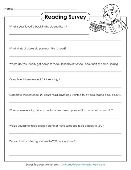 Worksheet for a reading survey to help sixth graders define their reading goals