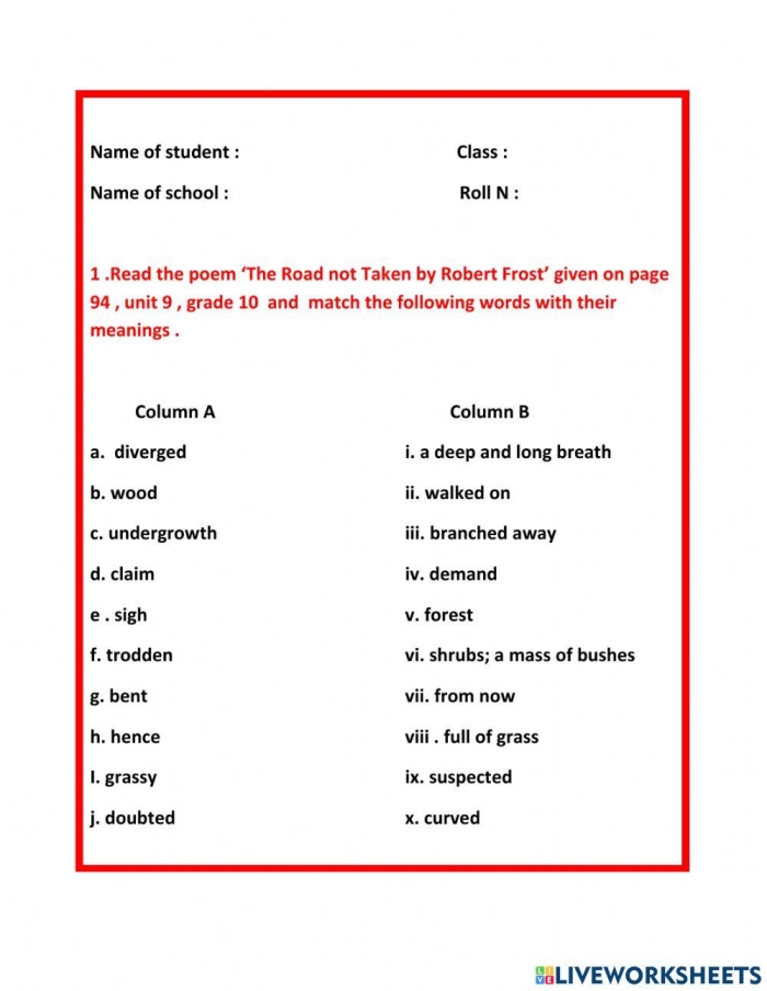 Worksheet featuring the poem "The Road Not Taken" by Robert Frost for reading comprehension practice. Enhance sixth graders' reading skills with this engaging poetry worksheet.